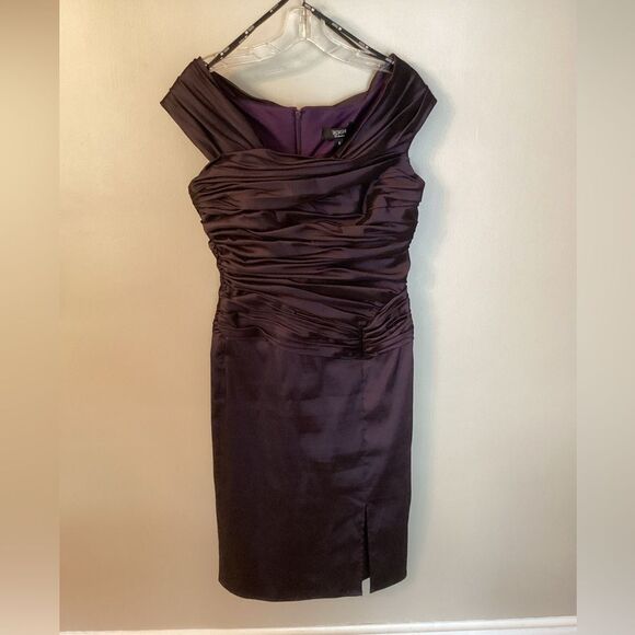 TADASHI SZ 6 DEEP PURPLE RUCHED BODICE OFF SHOULDER TAFFETA COCKTAIL DRESS - Picture 1 of 7